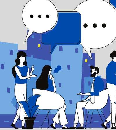 Illustration of people sitting and standing, talking to each other. There are illustrated thought bubbles above their head and a city landscape in the background.