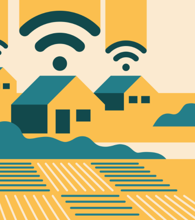 Landscape illustration with village houses and internet connection waves