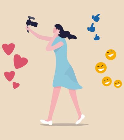 Illustration of person talking into the camera with emojis surrounding.