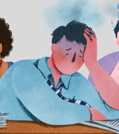 Illustration of three people appearing anxious, stressed.
