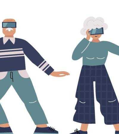 Illustration of two seniors with VR headsets on.