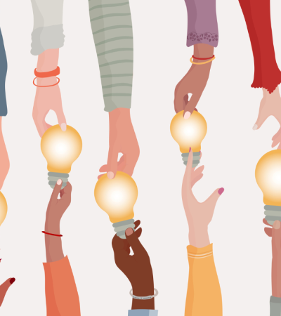 Illustration of hands reaching out and touching lightbulbs