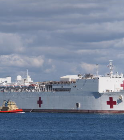 A hospital ship in a harbor