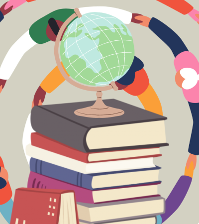 Illustration shows an aerial view of people holding hands in a circle In the middle of the circle, there is an illustrated stack of books with a globe on top.