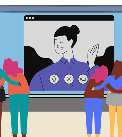 Illustration of a person on Zoom displayed on a large projector. A group of six people are facing the projector. 