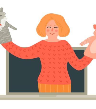 Illustration of person on laptop screen showing animal puppets. 