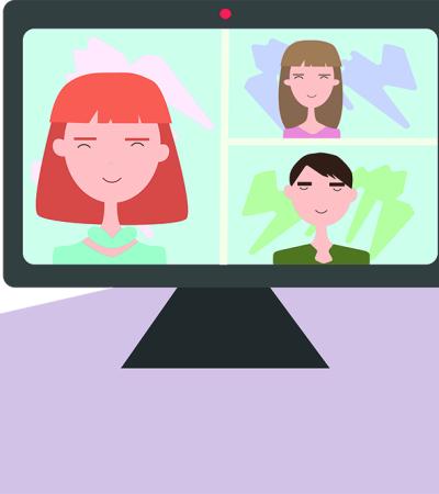 Drawn image of a computer with three people shown on screen similar to what's seen when on video calls