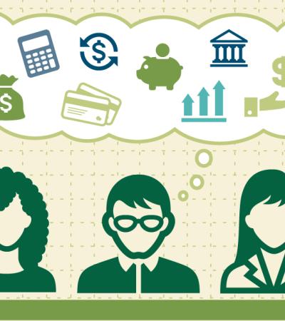Illustration of three people with financial icons above.