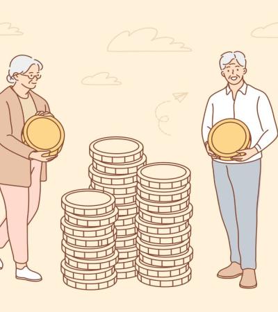 Illustration of senior couple carrying large coins.