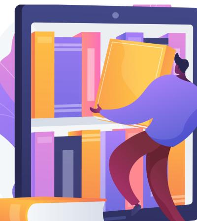 Illustration of person shelving large books inside of a tablet. 