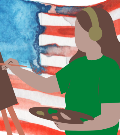 Illustration of a person in a green shirt painting. There is a watercolor American flag in the background. 