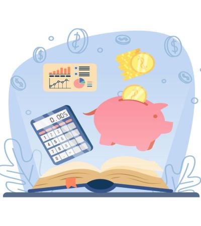 Illustration of an open book with a calculator, pink piggy bank, charts and gold coins.