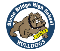 Illustration of a Bulldog with a spiked collar surrounded by a blue circle with the text "Stone Bridge High School". A yellow banner with the year 2000 is draped on the dog's front leg.