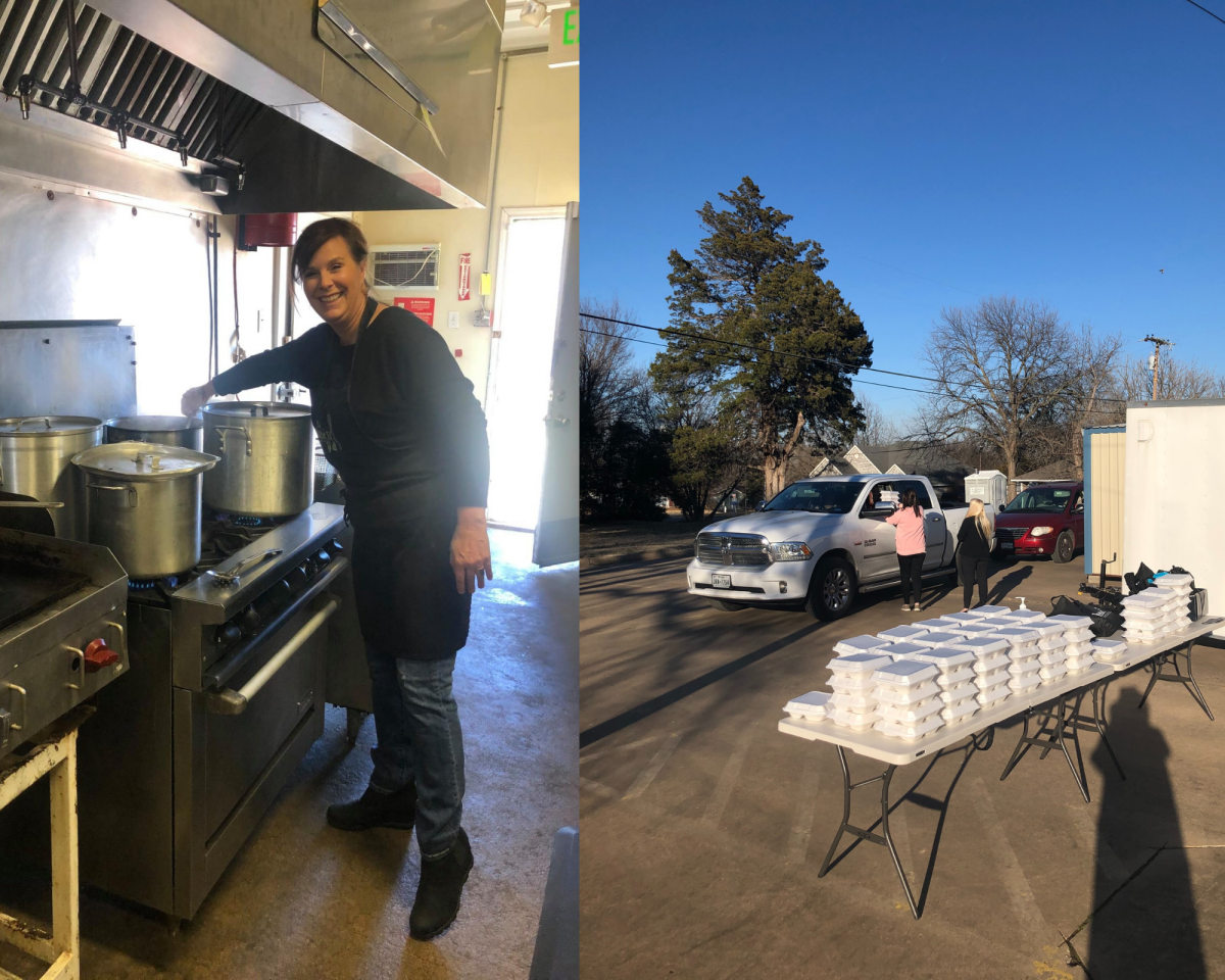 L: Photo of person cooking over large stove top. R: Photograph of meals lined up outside on a table.