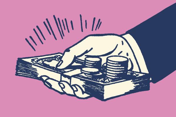 Illustration of a hand holding a stack of money against a pink background