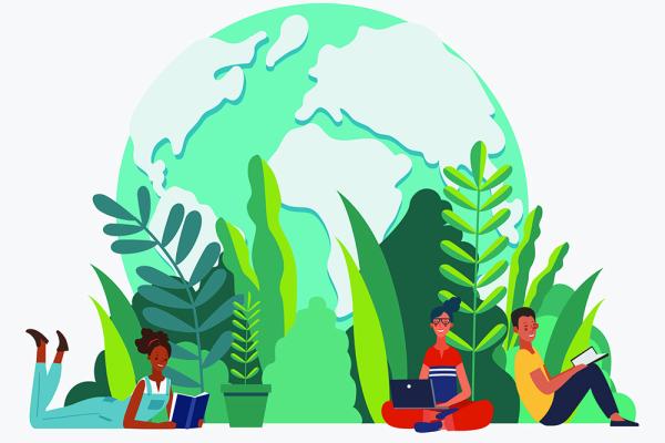 illustration of the planet with people reading