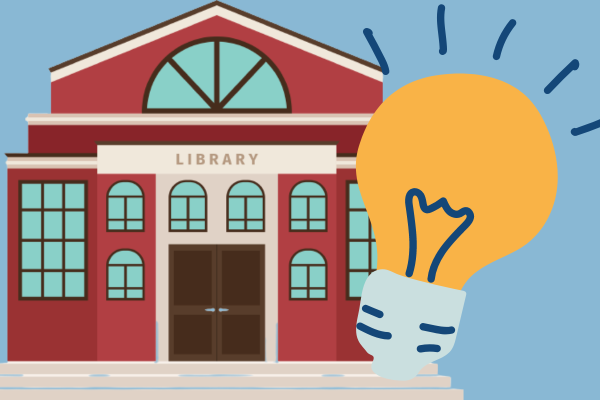Illustration of library building with an illustrated yellow lightbulb next to it. 