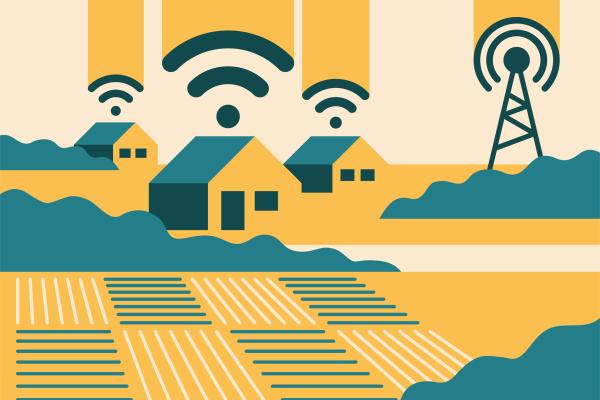 Landscape illustration with village houses and internet connection waves