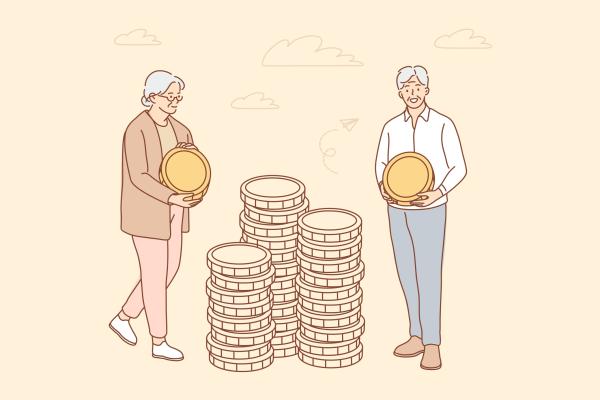 Illustration of senior couple carrying large coins.