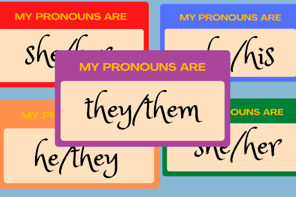 Illustration of five various "My Pronouns Are" stickers.
