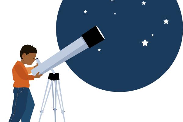 Illustration of a young child standing on a box looking through a telescope at the night sky.