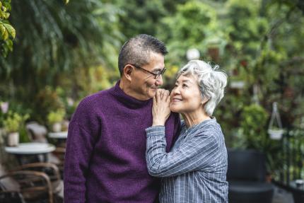 outdoor portrait of devoted senior Asian couple