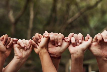 row of upraised hands linked together by fingers