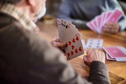 playing cards at a wooden table