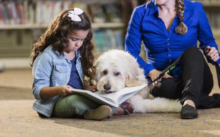 young girl sits on floor reading in library with a reading dog and its trainer