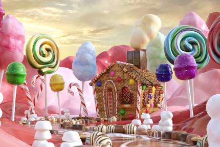 magical 3d candy land scene with a gingerbread house and a chocolate river