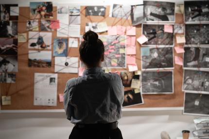 Female detective looking attentively at investigation board, back view