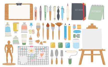 Illustration of various art supplies.