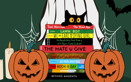 Illustration of a stack of banned books with spines showing. There are two jack o'lanterns and a black cat resting on the book stack.