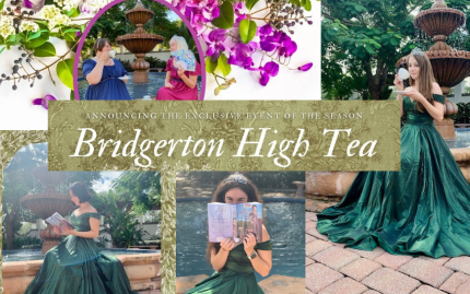 Text reads: Bridgerton High Tea. Photographs show marketing fliers created for the event.