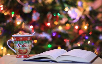 Photograph of book open on a table with a Christmas mug and Christmas tree in the background.