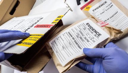 Gloved hands putting envelope of evidence into box