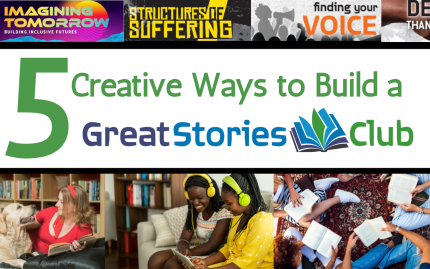 Text reads: 5 Creative Ways to Build a Great Stories Club. Photos show people reading together, a person reading with a dog and a photograph of a group of people reading together as seen from above.