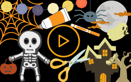 Illustration of a Halloween scene with a video 'Play' button in the middle. There is an illustration of a skeleton, pair of orange scissors, orange pain, orange marker and illustrations of a haunted house against a black backdrop.