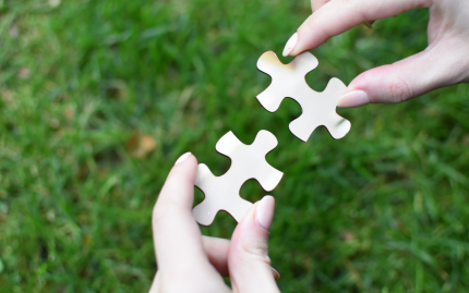 Photograph of two matching puzzle pieces being held over a patch of grass.