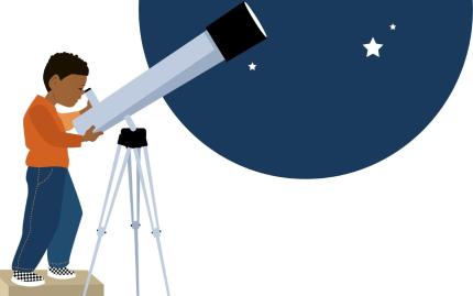 Illustration of a young child standing on a box looking through a telescope at the night sky.