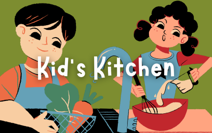 Illustration shows two children cooking in the kitchen on a green background. Text reads: Kid's Kitchen
