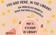  Illustration of hands holding a cup of coffee on pink background with yellow stars. Text reads: You are here, in the library. An immersive mindful book bathing experience.