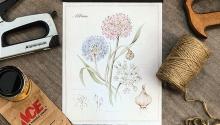 Image of pressed flowers on a notepad with tools surrounding it.