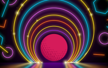 Image of glowing neon circles surrounding a pink golf ball.