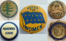 Image shows five Votes for Women Buttons. 