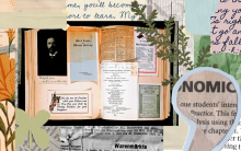 Photograph of an open scrapbook (Men’s League for Woman Suffrage, Miller Scrapbook, Library of Congress.) Collage and scrapbook material surround the book.