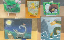 Photograph shows the five winning canvases of the contest.