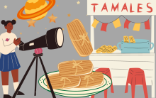 Illustration of person standing next to a telescope. There is an illustration of a plate of tamales and a tamales stand next to them.