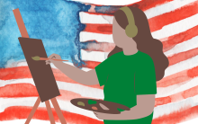 Illustration of a person in a green shirt painting. There is a watercolor American flag in the background. 