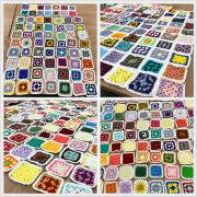 Four photos of the granny squares laid out 